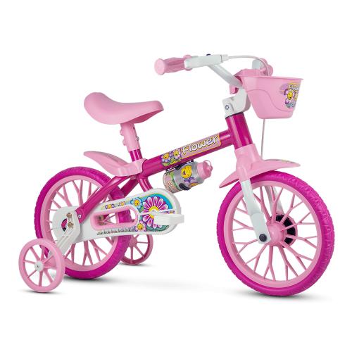 Bicicleta Infantil Aro 12 Nathor Flower C/Cesta Rosa/Branco